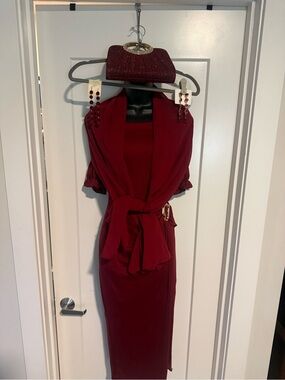 SHEIN Off-Shoulder Burgundy Midi Dress wSide Buckle, clutch, 2x earrings, shawl